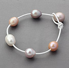 Classic Design 11-12mm Multi Color Freshwater Pearl White Leather Bracelet