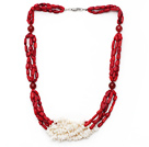Multi Strands Cylinder Shape White and Red Coral Necklace