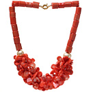 Fashion Cylinder And Multi Orange Coral Flower Cluster Strand Party Necklace With Golden Moonight Clasp