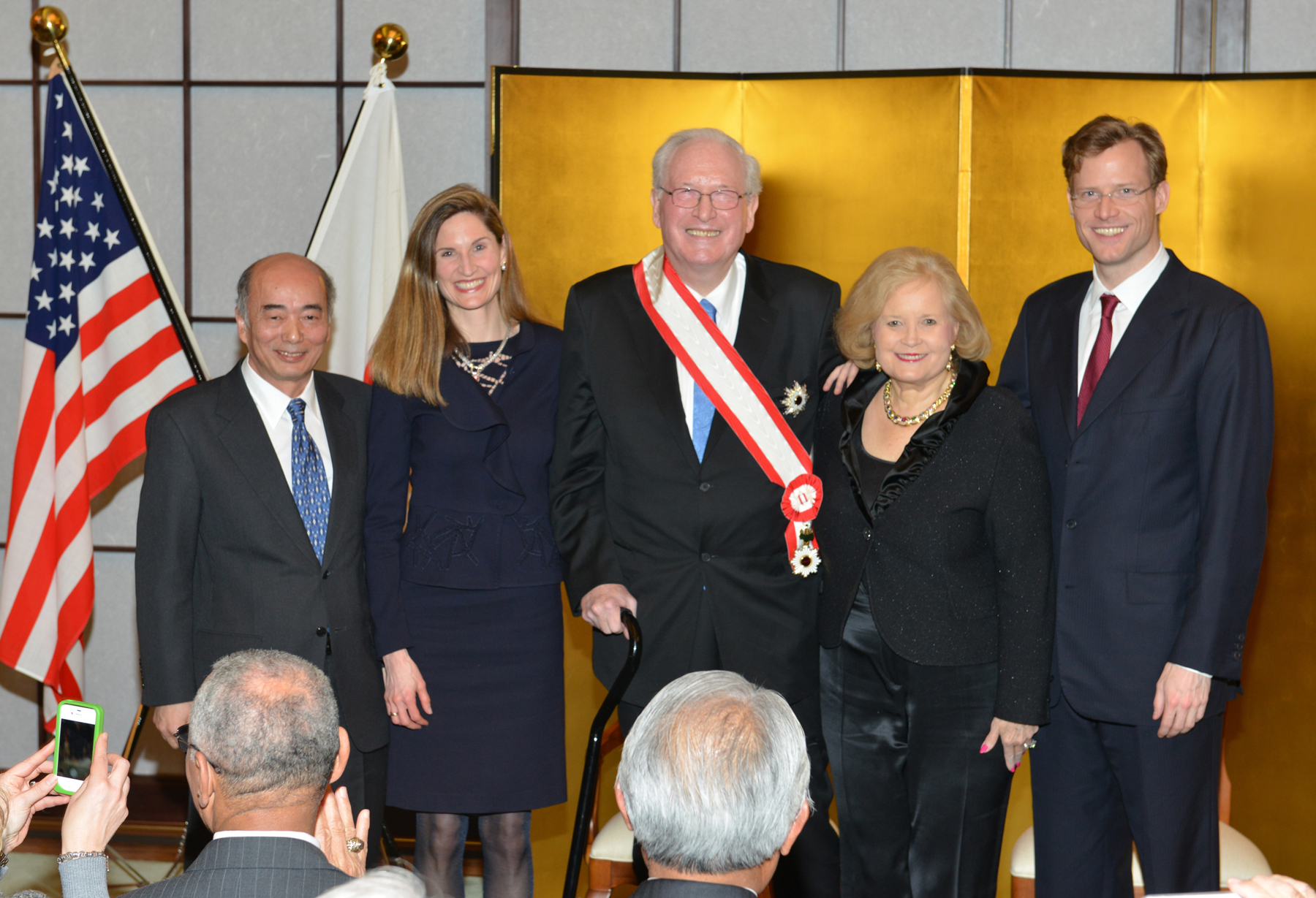 Attending the award ceremony are Japanese ambassador to the U.S Kenichiro Sasae (left); the senator’s daughter Valerie Rockefeller Wayne; Sen. Jay Rockefeller; wife Sharon Rockefeller; and son Charles