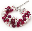 Three Strands White Freshwater Pearl and Purple Red Agate Bracelet