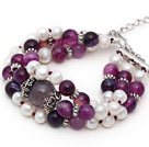 Three Strands White Freshwater Pearl and Purple Agate Bracelet