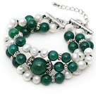 Three Strands White Freshwater Pearl and Green Agate Bracelet