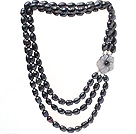 Fashion Three Strands 9-10mm Natural Black Rice Shape Freshwater Pearl Necklace With Shell Flower Clasp