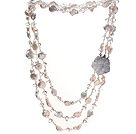 Three Strands Natural White Coin/Button Pearl And Crystal Necklace