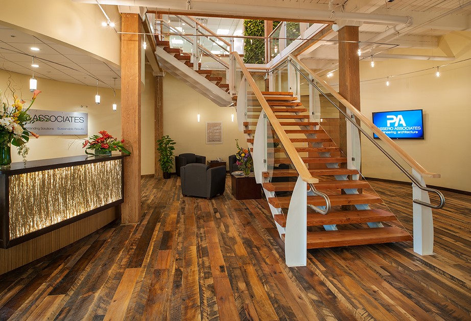 Pioneer Millworks’ Settlers’ Plank reclaimed oak flooring welcomes you to BUILDINGS Magazine America’s Best Building of the Year and the winner of Rochester AIA Mayor’s Award for Design Excellence.