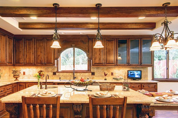 Sandblasted faux wood beams, a stylish addition for kitchens.