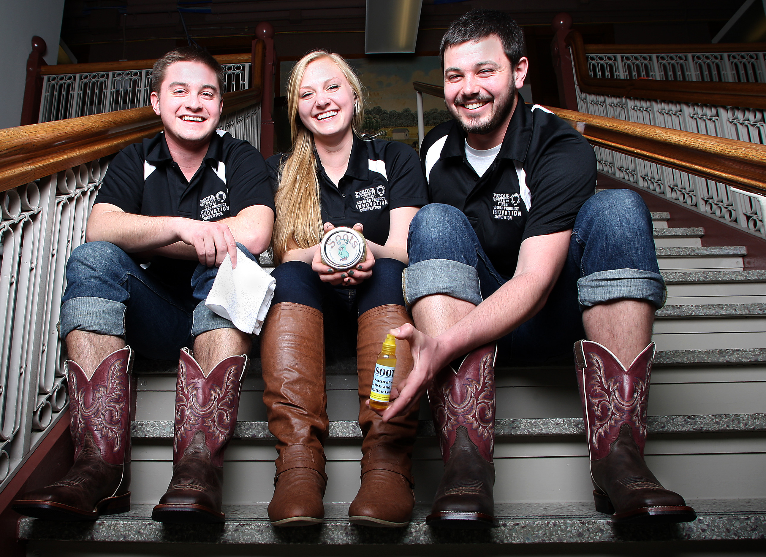 Soybean oil and beeswax are the ingredients of Soots, an eco-friendly, organic leather boot conditioner and polish developed by Purdue students.