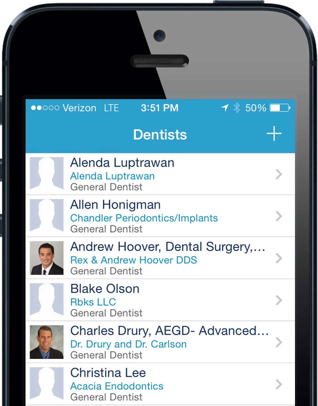 MyDentalFiles - iPhone view of Dentists