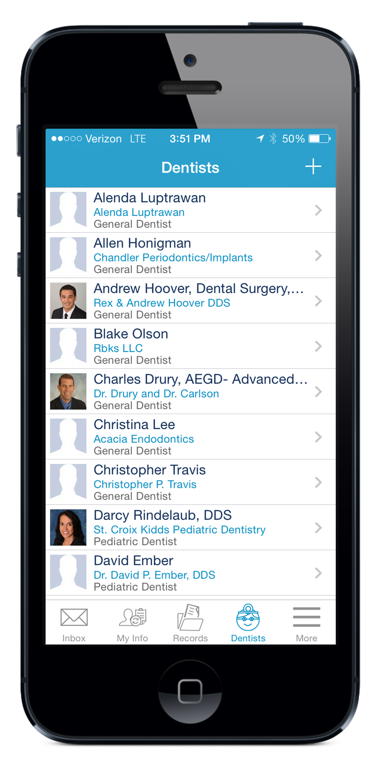 MyDentalFiles - iPhone view of Dentists