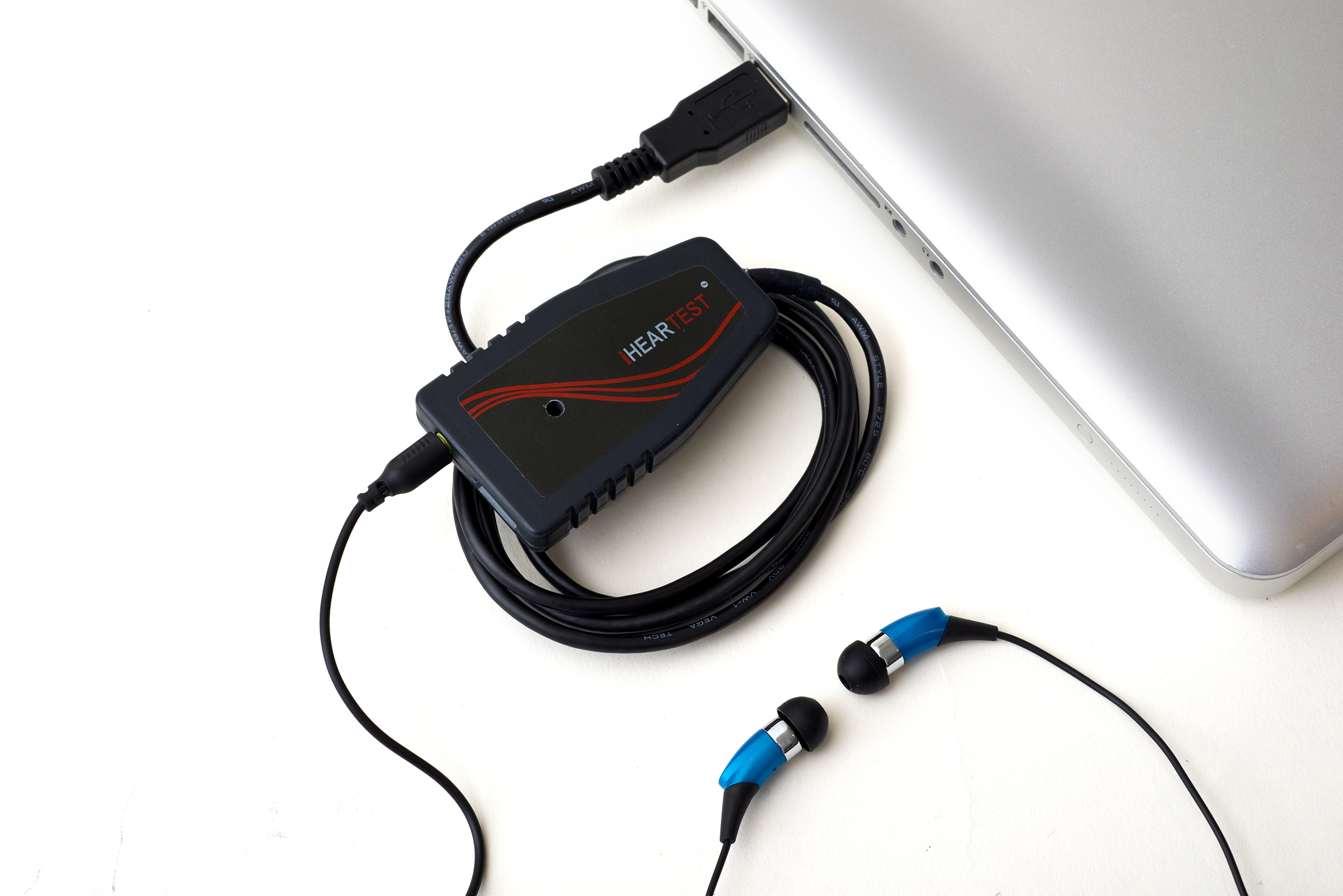 iHearTest kit plugs into the USB port of PC or Mac and is easy to use with iHear's online Web-enabled hearing test.