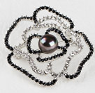 beautiful rose shape black color pearl brooch with rhinestone
