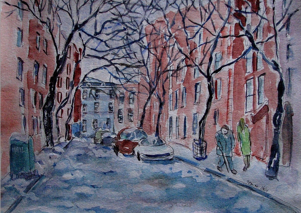 Snow on Jones Street NYC, a watercolor by Nashville-based artist Lucille Femine whose works are featured in an exhibit in Mar 2014 at the Church of Scientology & Celebrity Centre Nashville