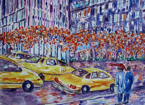 Cabs New York, a watercolor by Nashville-based artist Lucille Femine whose works are featured in an exhibit in Mar 2014 at the Church of Scientology & Celebrity Centre Nashville