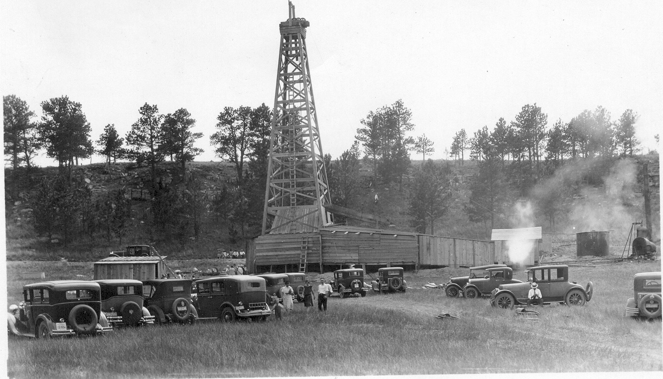 Historical photograph of an early oil test on the southwestern flank of the Black Hills at an area known as the Barker Dome, Custer County, South Dakota.