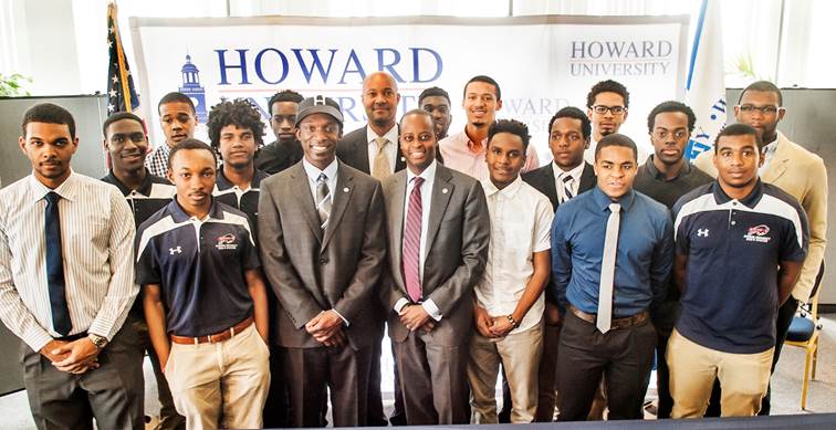 Howard University Soccer Team with Coach Philip Gyau, Athletics Director Louis “Skip” Perkins, and Interim President Wayne A.I. Frederick.