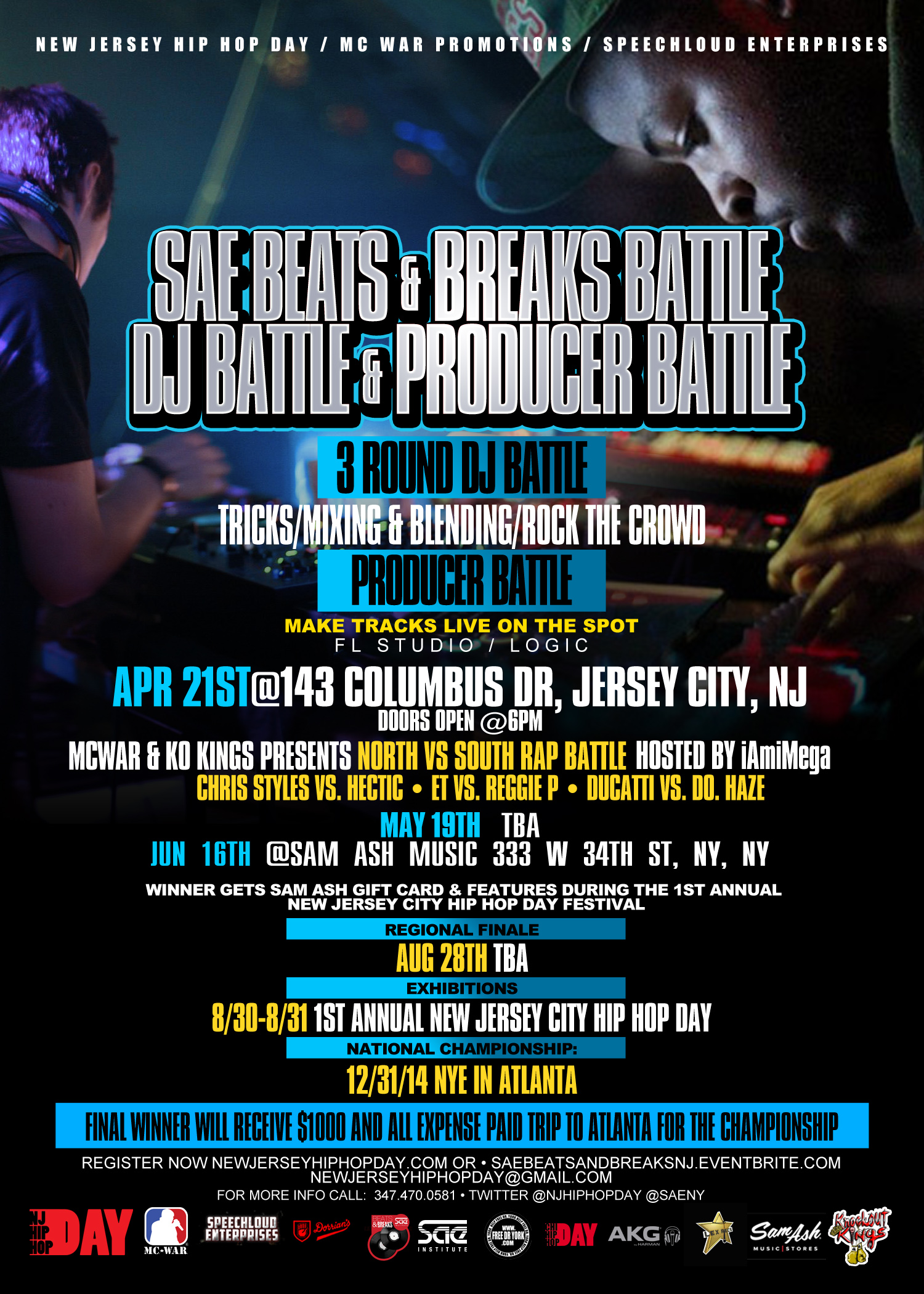 Beats & Breaks Battles, a competitive event featuring aspiring hip hop producers, will be held in Jersey City, NJ through April, May, and June.  The Battles will be sponsored by SAE Institute USA.