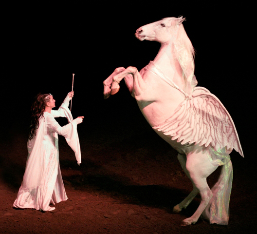 Blanco as Pegasus in a live theatrical performance with Cynthia Royal - Copyright Cynthia Royal