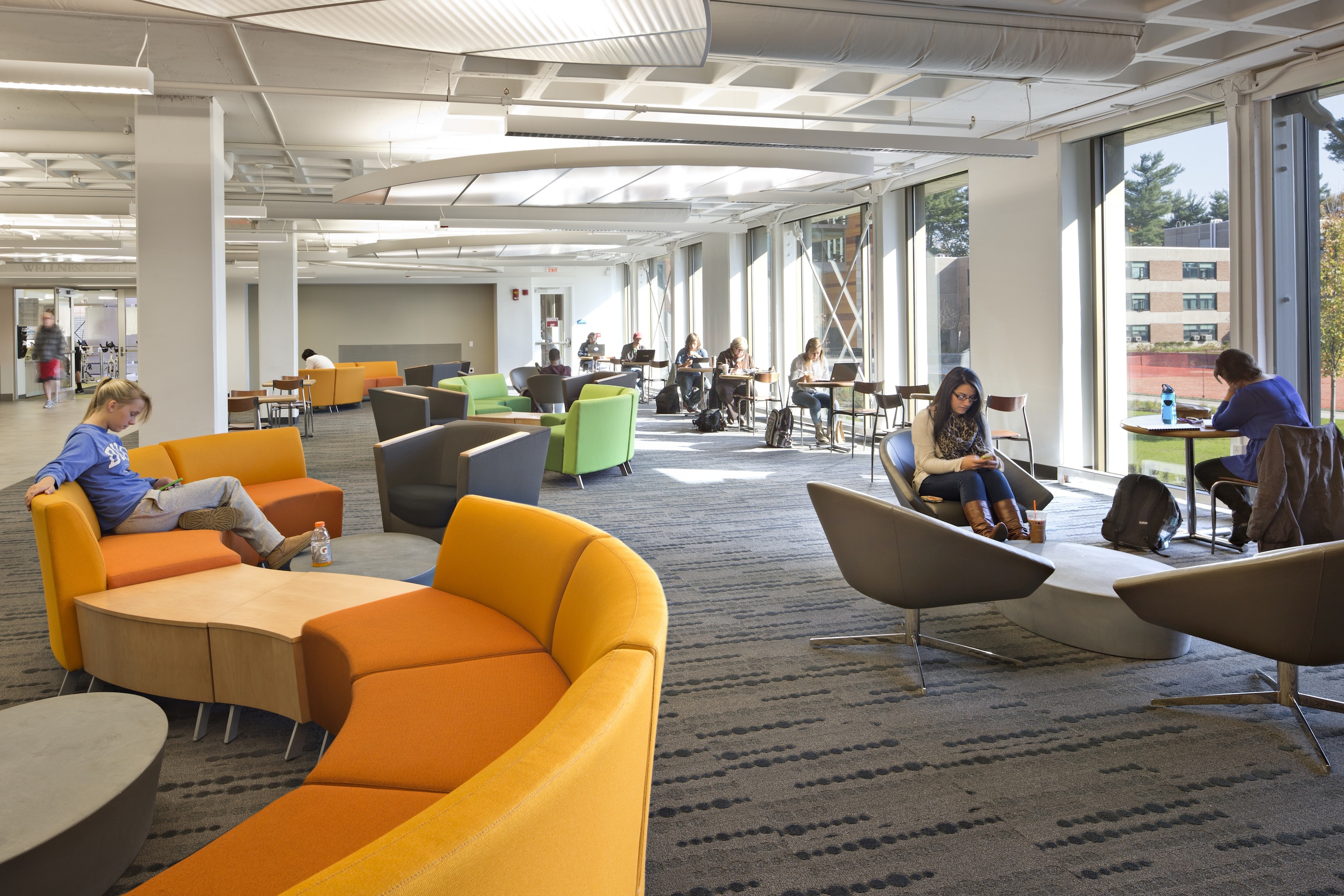 Furnishings at Ely Campus Center were selected in deep oranges, greens and blues to communicate vitality.