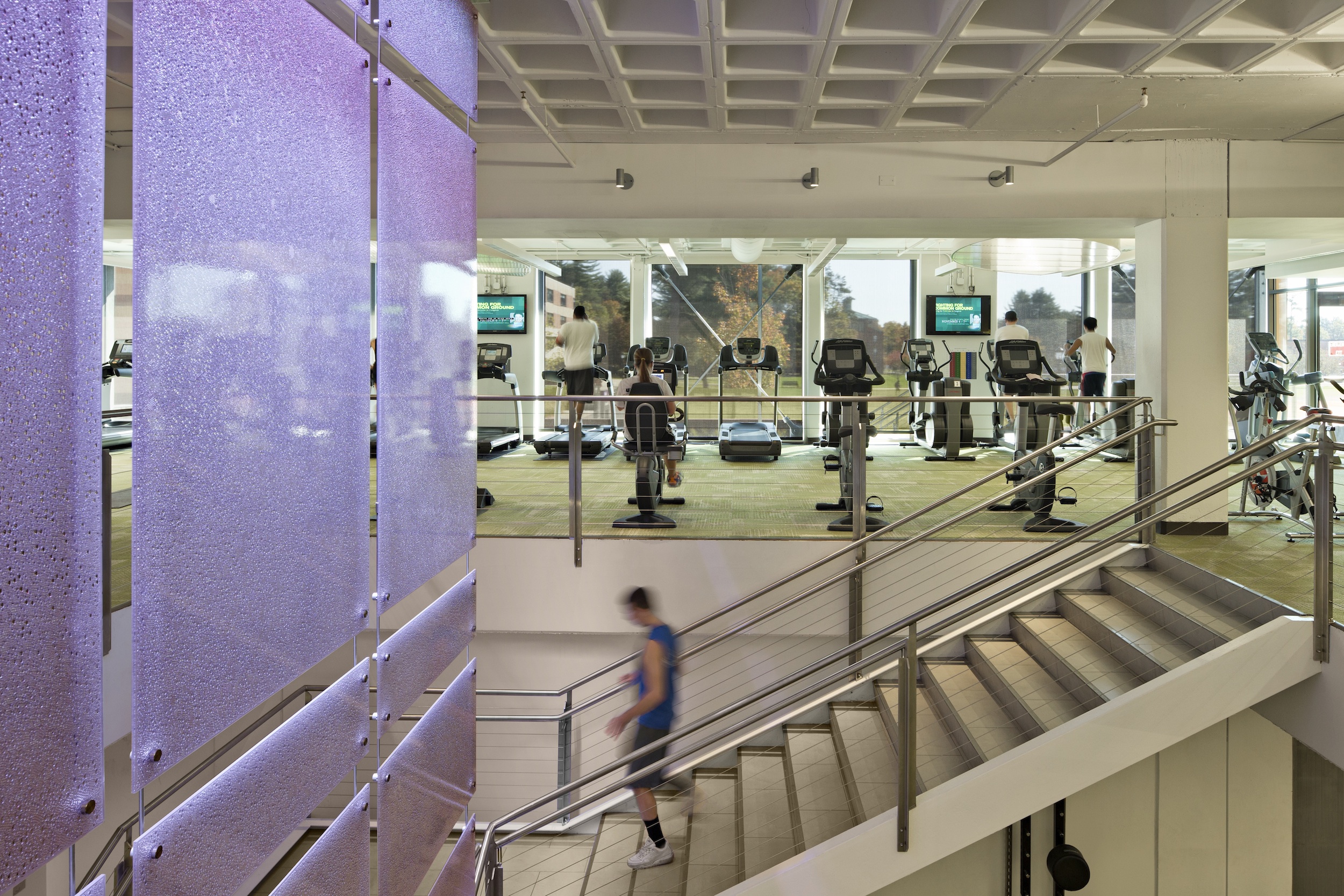 Ely Campus Center's renovation included the expansion of the fitness area into a new two-story wellness center.