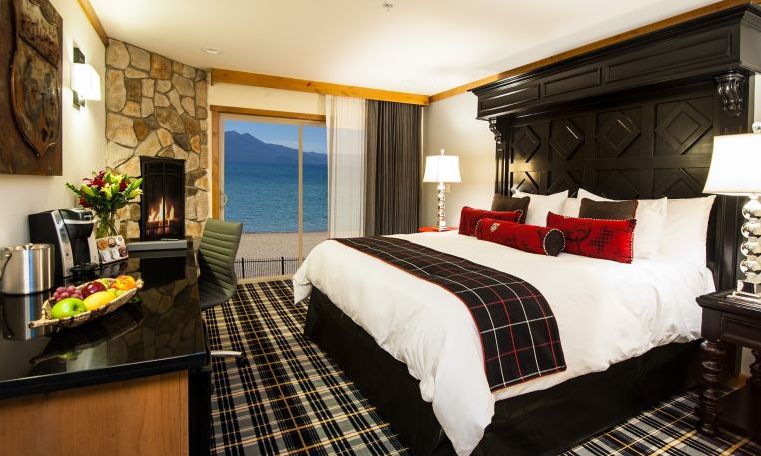 The 88-room boutique hotel with fireplace and private deck in every room is perfect for a luxurious Tahoe wedding buy-out. © The Landing Resort & Spa