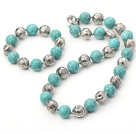 Classic Design 14mm Turquoise and Tibet Silver Beaded Jewelry Set ( Turquoise Necklace Bracelet Set )