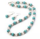Fashion Jewelry Sets- White Freshwater Pearl and Turquoise Beaded Jewelry Sets