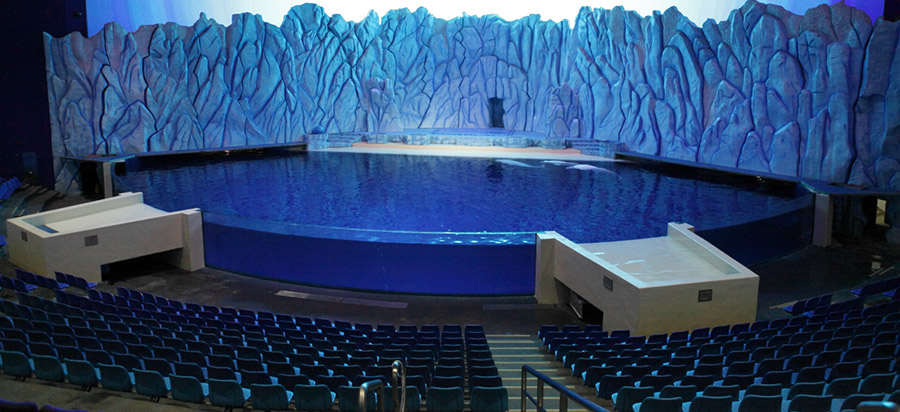 The curved panels at the Beluga whale exhibit will provide underwater views to all audience members.