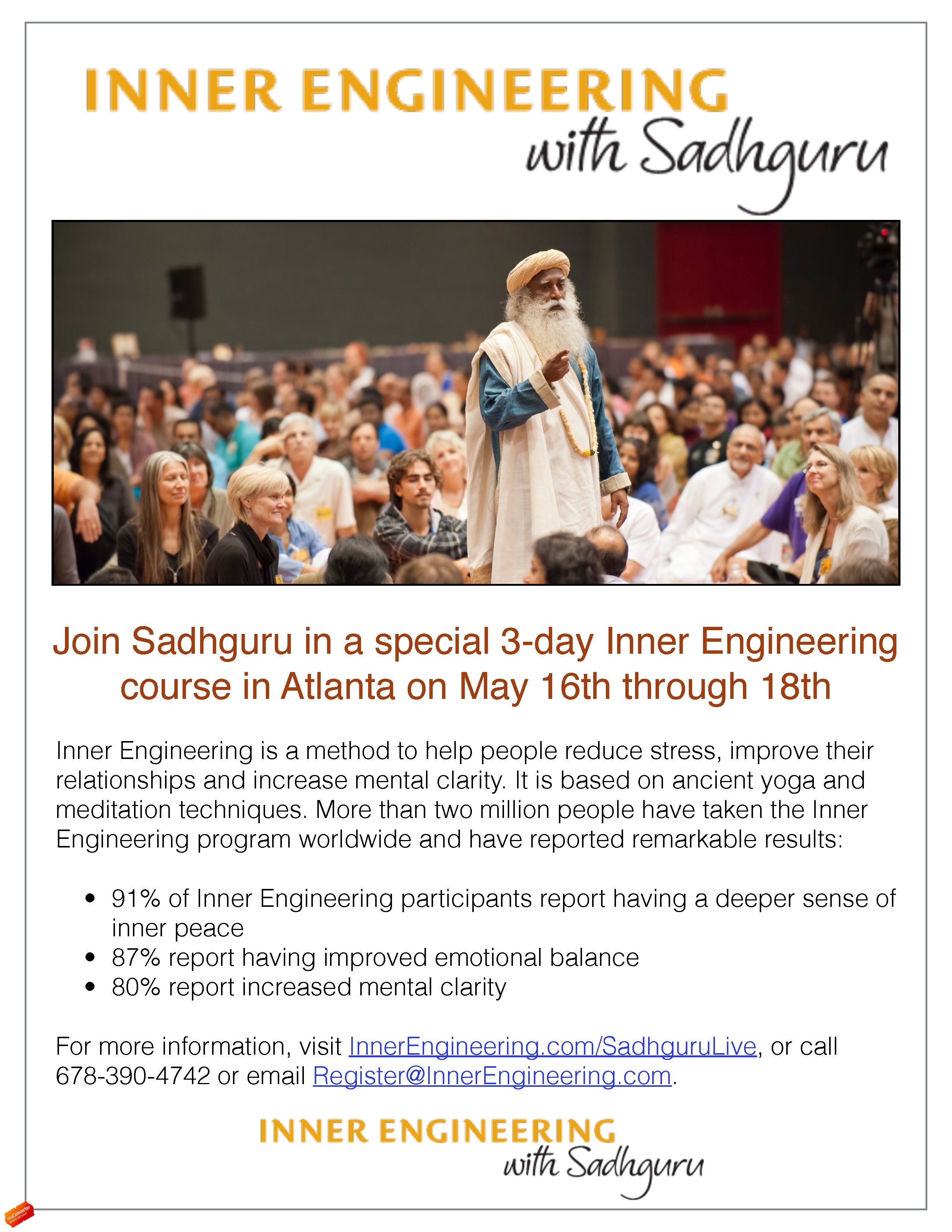 Information about the 3-day Inner Engineering Workshop in Atlanta on May 16-18