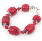 Drum Shape Red Coral and Tibet Silver Charm Bracelet
