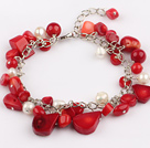 Charm Bracelet Red Coral and White Freshwater Pearl Bracelet with Metal Chain