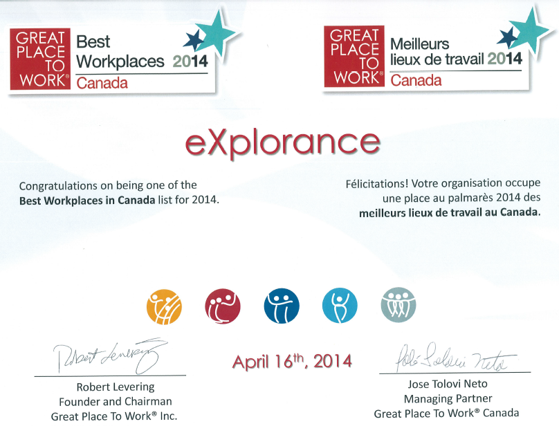 eXplorance Receives Best Workplaces in Canada 2014 Certificate