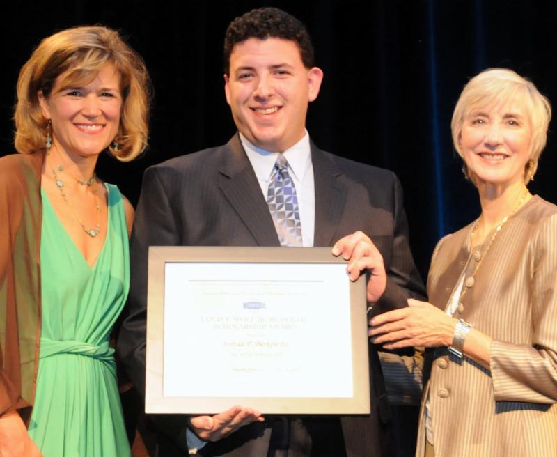 oshua P. Berkowitz accepts the 2013 Louis F. Wolf Memorial Scholarship from SMPTE Exectuive Director, Barbara Lange, and SMPTE President, Wendy Aylsworth.