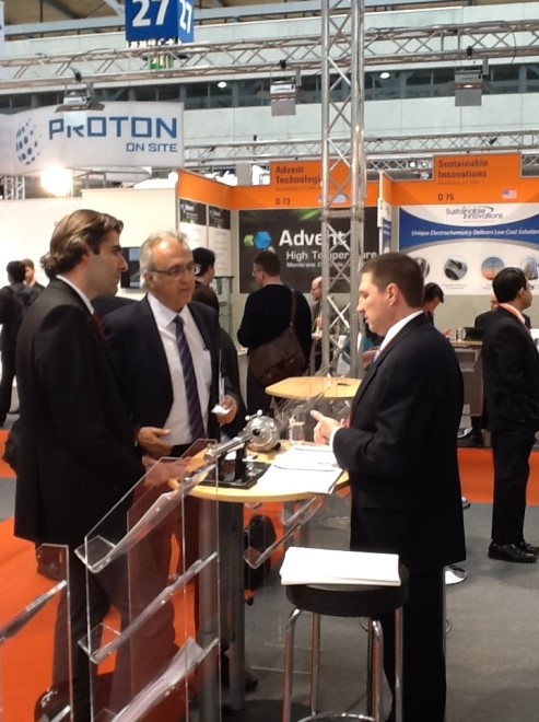 Tony Anderson, director, marketing and business development, Precision Combustion, Inc. of North Haven, Conn., meets with potential customers at Hannover Messe 2014.