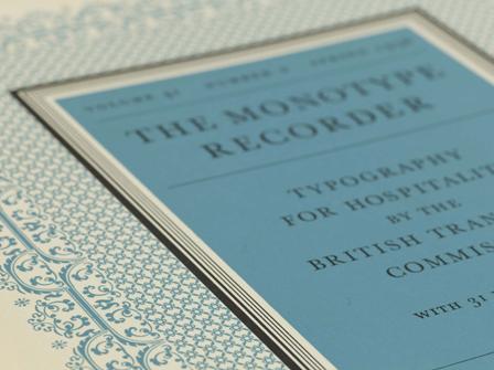 Cover of the Monotype Recorder, Vol. 41, No. 2, 1958, featuring patterns built from individually cast border elements. Image courtesy of Monotype