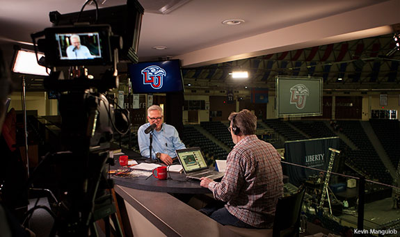 Media personality Glenn Beck broadcast his radio show live from Liberty University's campus before taking the stage to speak to students during Friday's Convocation.