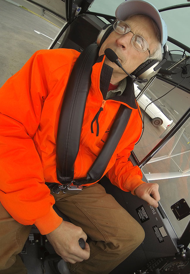 Pilot Terry Cartee using the AmSafe seat restraints in the Alaska Airmen Association Raffle Plane a PA-18 Super Cub