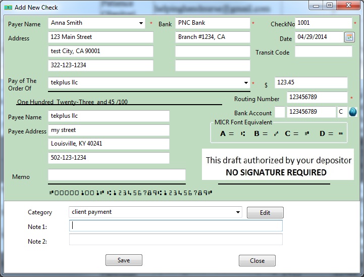 New check screen for ezCheckdraft software.