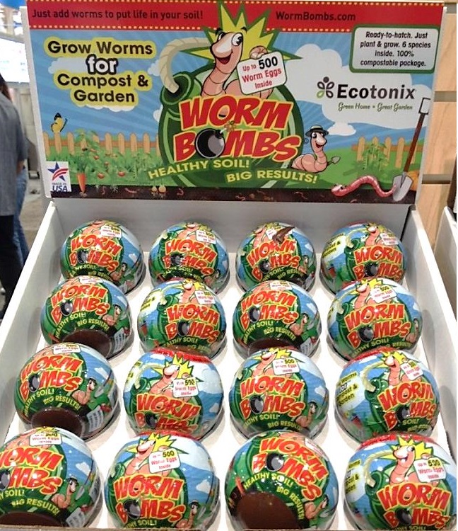 The Ecotonix Worm Bombs come in cleverly packaged pods that will hatch in about three weeks in garden soil.