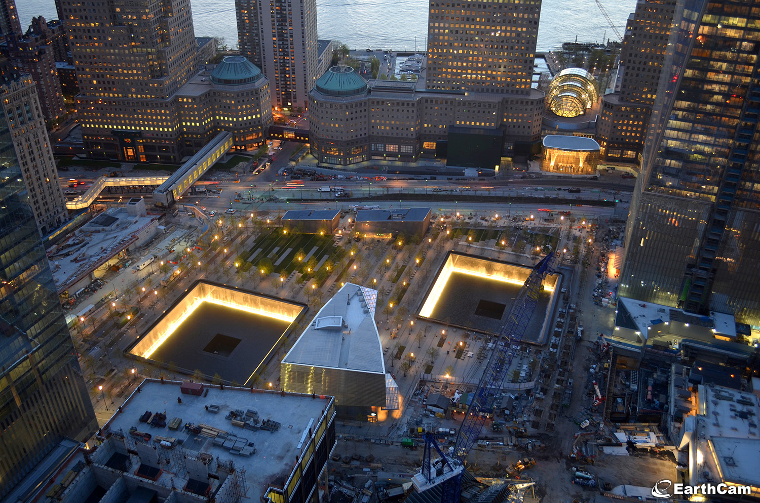 EarthCam construction cameras document the 9/11 Memorial Museum day and night.