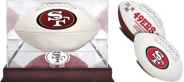 Signed 49ers logo football.  (Optional logo display case available.)  VIP Event Price: $100 VIP Price + Display Case: $175 Personalization Fee: $10 Inscription Fee ("3x SB Champ", etc): $10