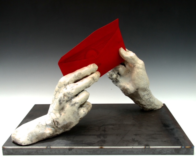 Clyatt:Satya, (Hands With Cash), raku-fired stoneware and sintered nylon (3-D printed envelope element)