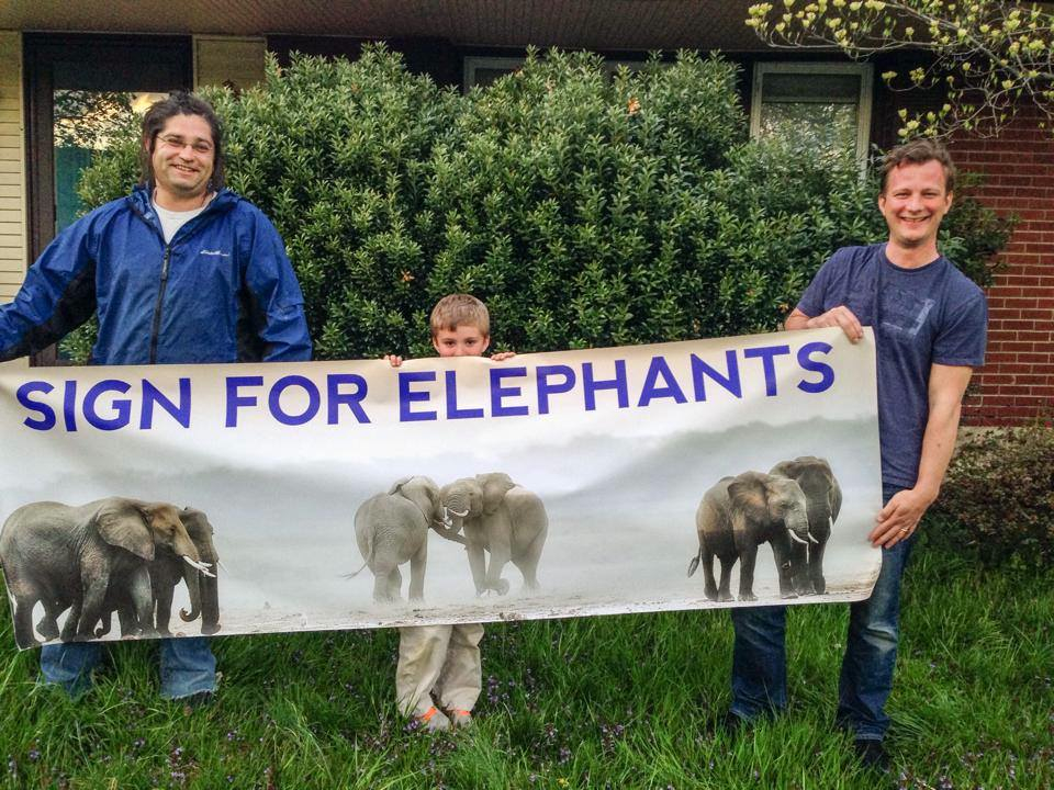 From left, Jake Roberts of Newark, Delaware; Henry Govette and his father, Will Govette of Thorton, Pennyslvania, sign for elephants this May calling for the president to ban all ivory for-profit trad