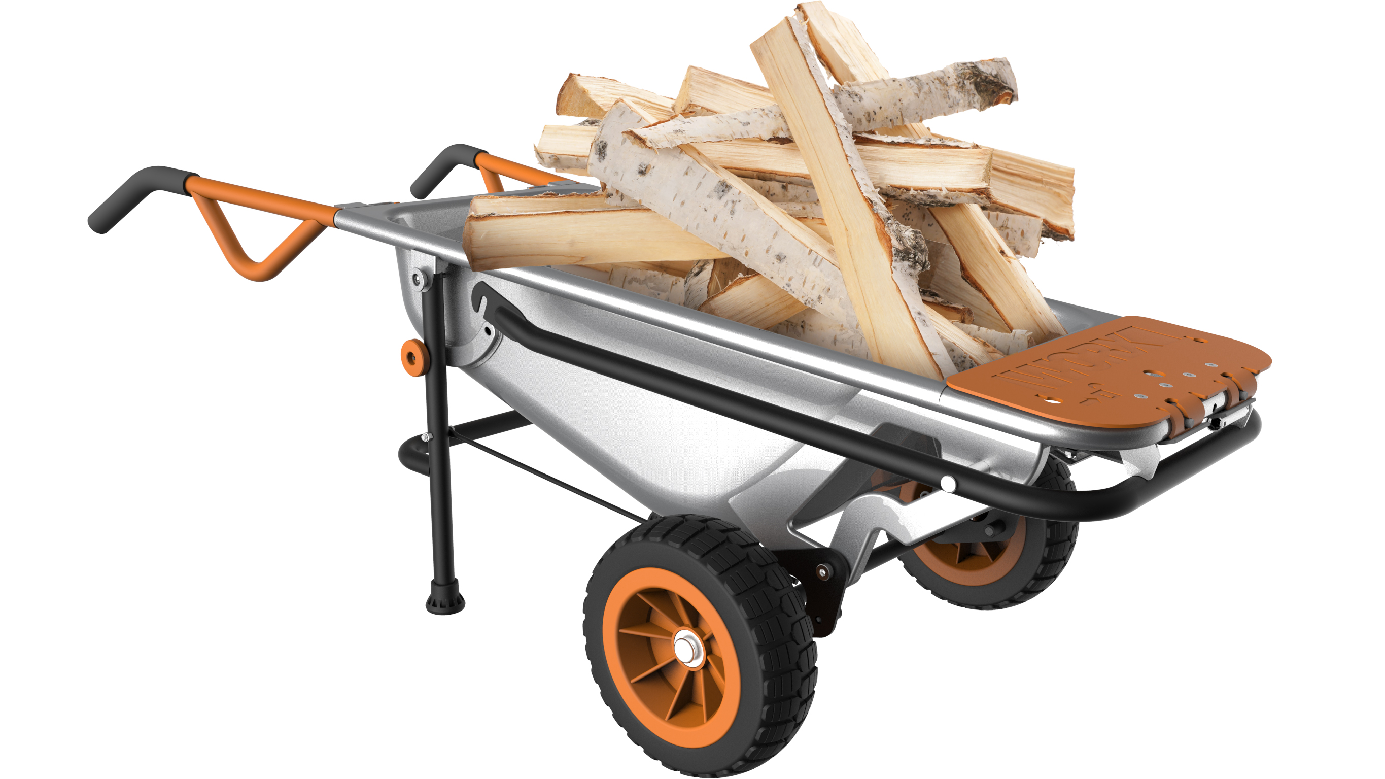 WORX AeroCart hauls firewood in wheelbarrow mode.