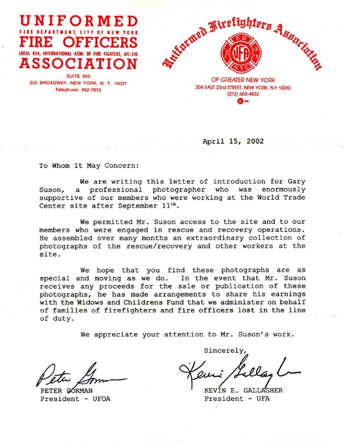 Official Letter SIgned by Fire Union Presidents for Gary Suson