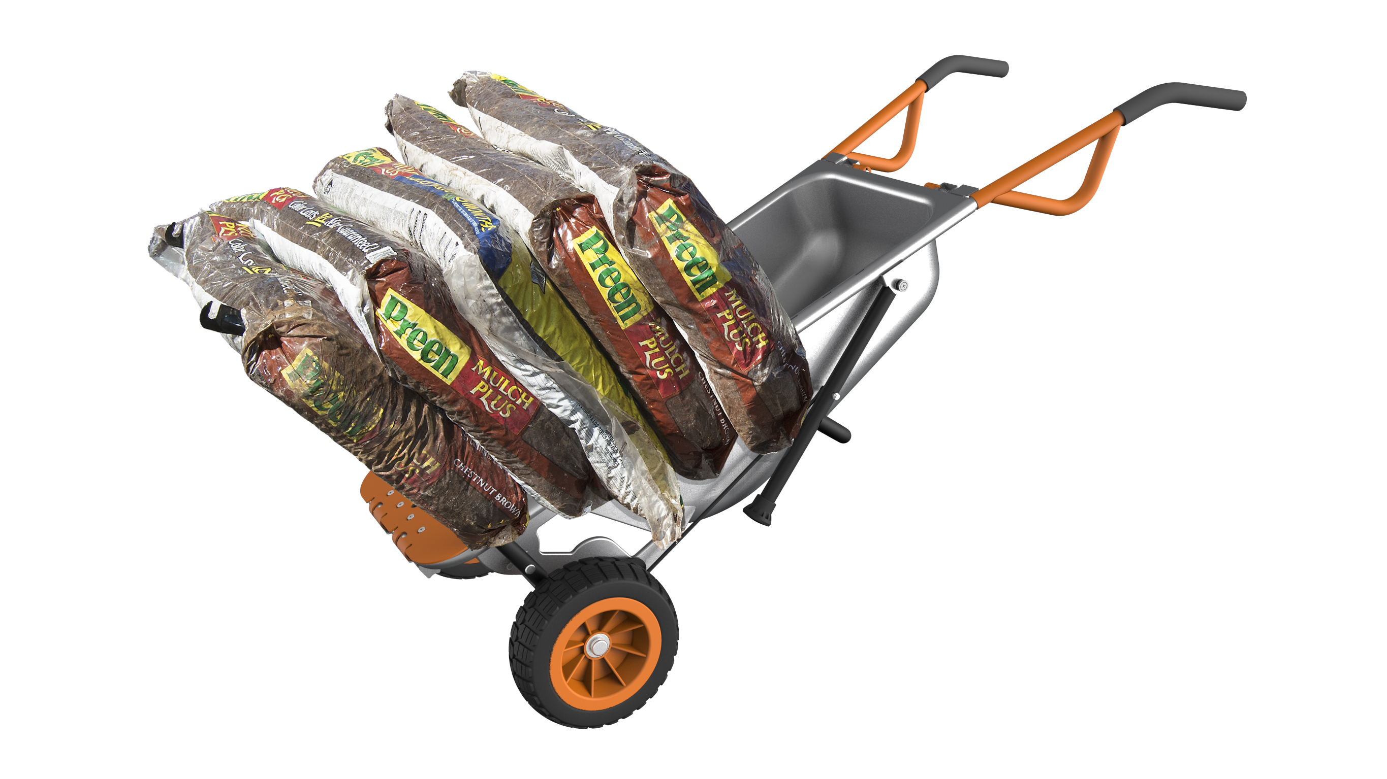 WORX AeroCart is equipped with drop-down extension arms, which help move bags of mulch and fertilizer.