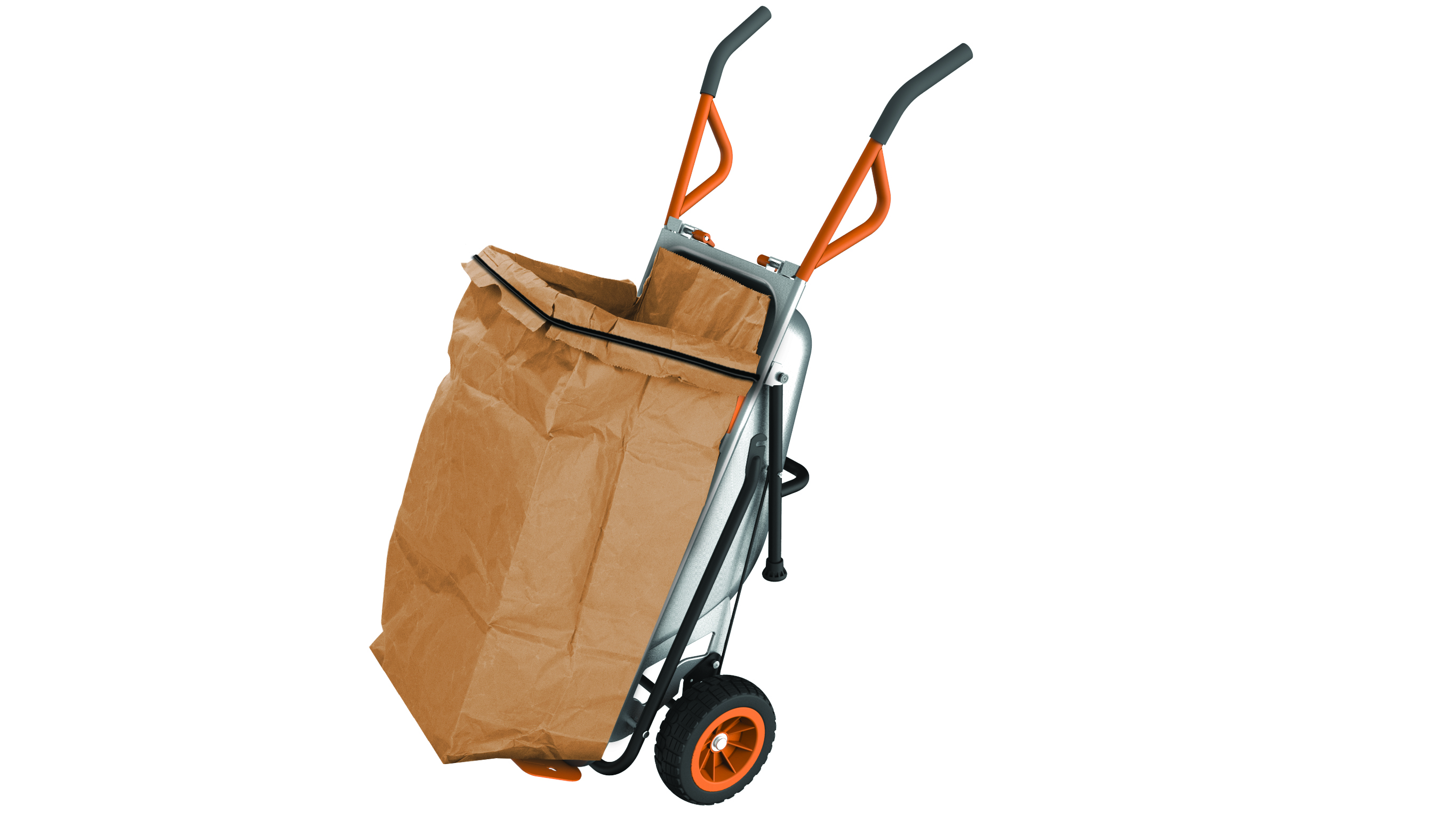 WORX AeroCart's bag holder accessory secures refuse bags for loading leaves, grass clippings and debris.