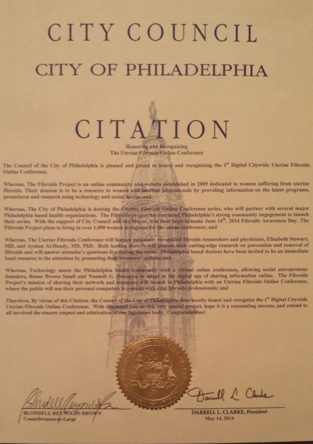 City of Philadelphia Citation Honoring and Recognizing The Uterine Fibroids Online Conference