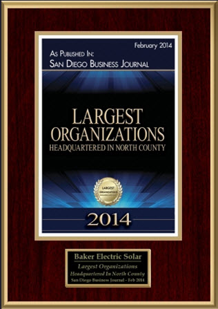 Baker Electric Solar made the San Diego Business Journal’s 2014 Largest Organizations Headquartered in North County list.