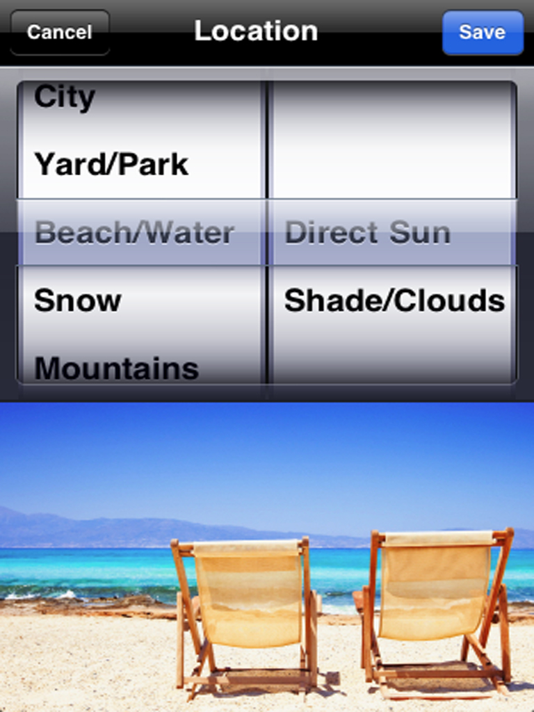 The app allows users to enter their location type based on environment and directness of sunlight.